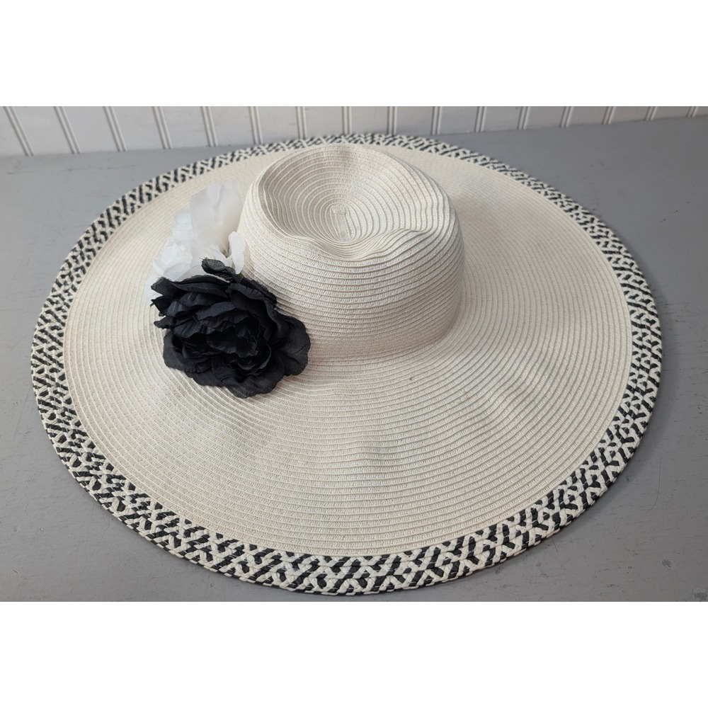 Nine West Wide Brim Sun Hat Black White Flower Straw Floppy Hat Summer Beach